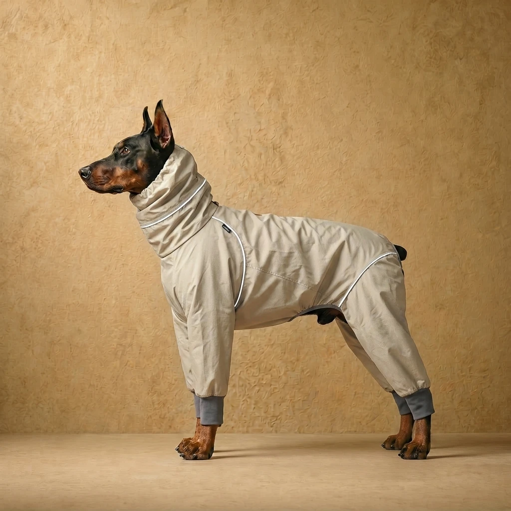 Doberman in a neutral-toned rainproof dog coat with full leg coverage, tailored for deep-chested breeds, standing against a warm textured backdrop.