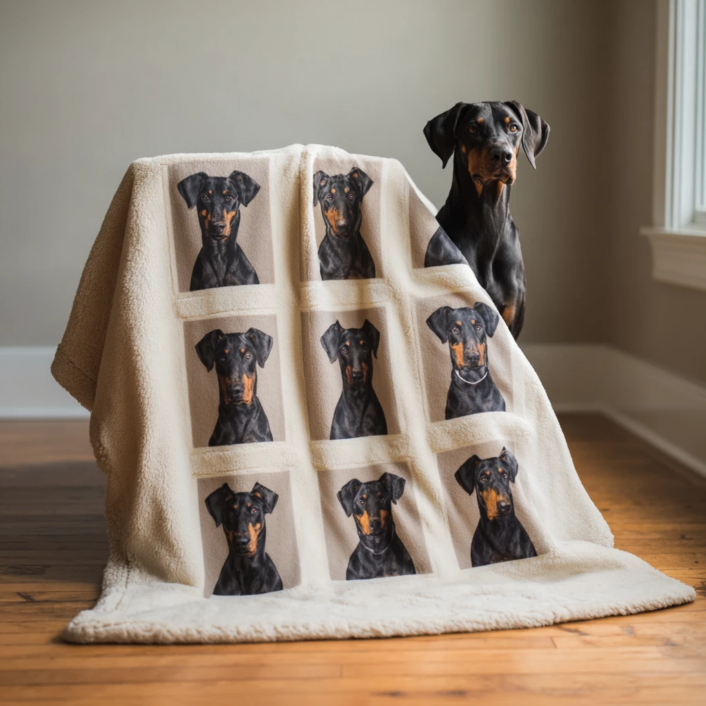 Cream flannel throw with nine-grid portrait design of a Doberman, draped over a wooden floor in a calm, minimalist interior. Soft texture and warm tones enhance harmonious pet living.
