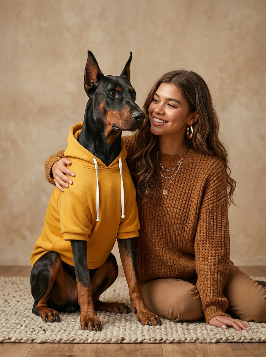 Doberman in mustard yellow hoodie with white drawstrings, seated beside woman on textured rug; minimalist, warm lighting highlights soft fabric and calm bond.