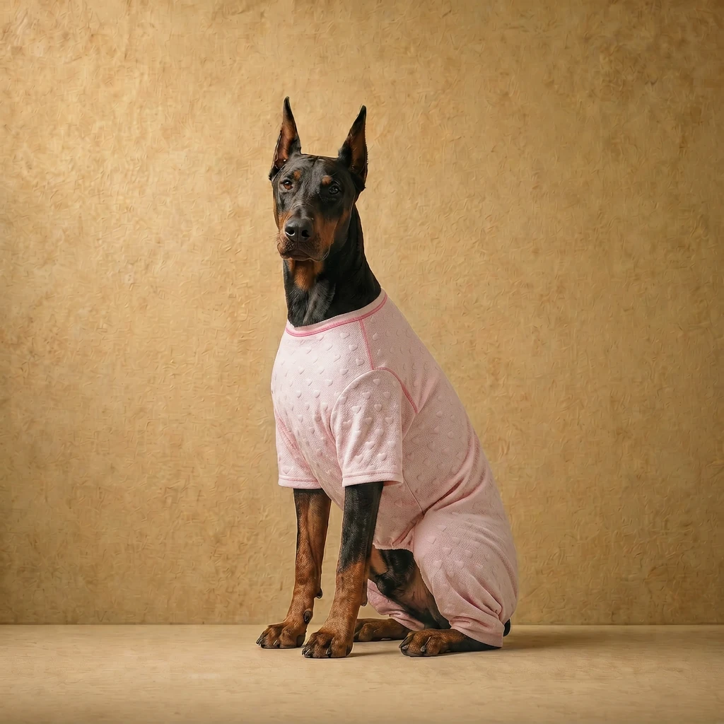Doberman in a soft pink fleece-lined recovery suit with textured dot pattern, sitting calmly against a warm-toned backdrop, showcasing a secure fit for deep-chested breeds.