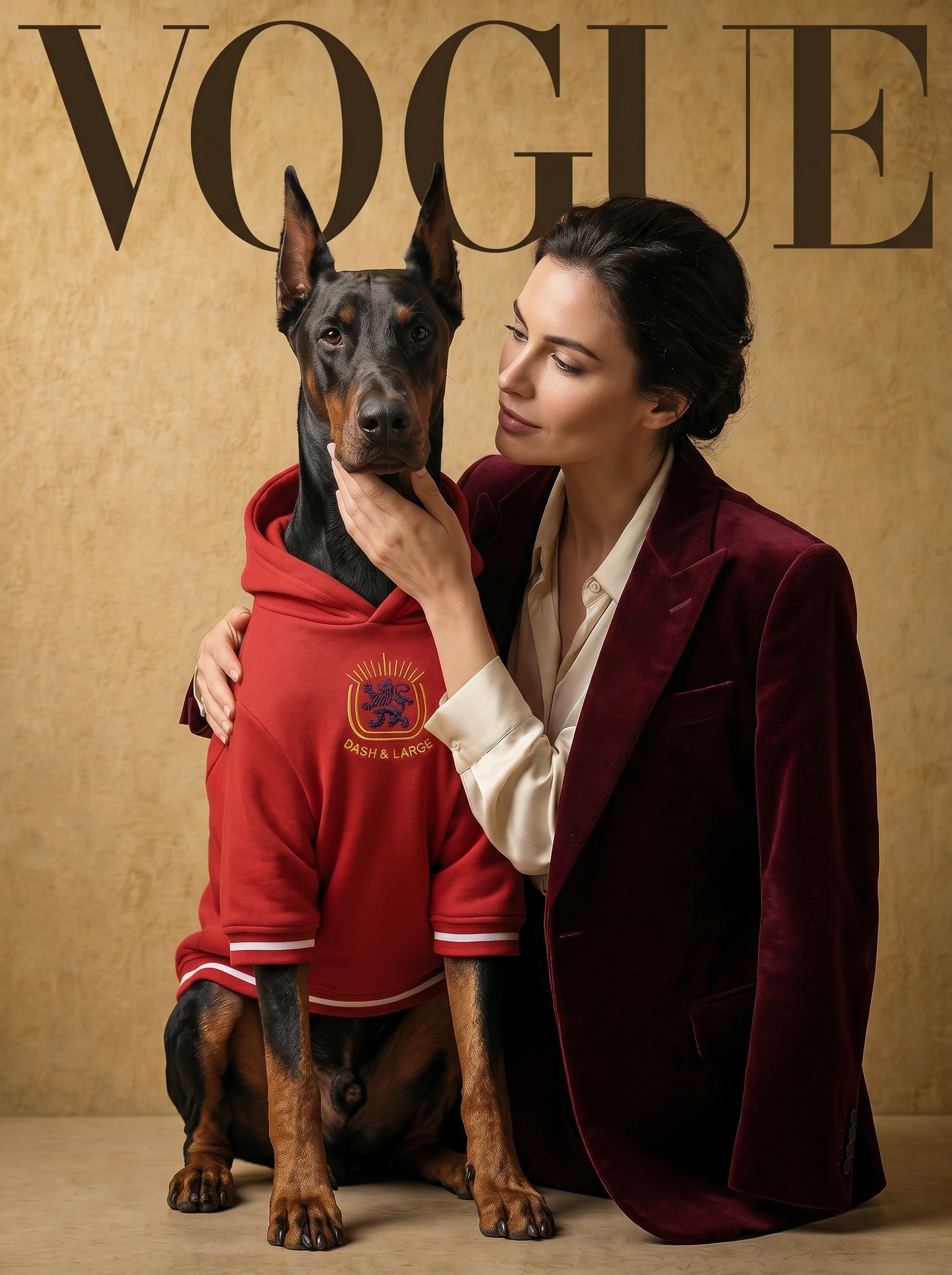 Doberman in NookPaws Heritage Red Deep-Chest Hoodie, a heavyweight fleece layer with embroidered crest, sits calmly beside a woman in matching burgundy velvet, both exuding quiet elegance against warm, textured beige tones.