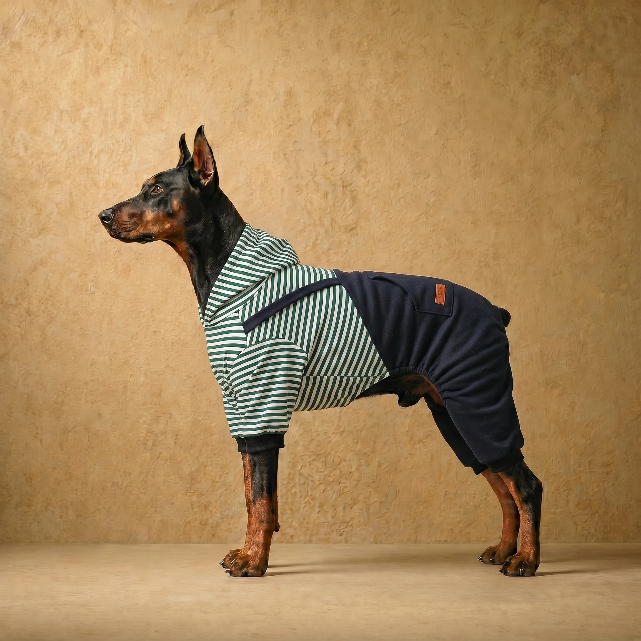 Doberman in a green and white striped full-coverage layer with navy back panel, fleece-lined for warmth and mobility, designed for deep-chested breeds. Clothes that fit dobermans.