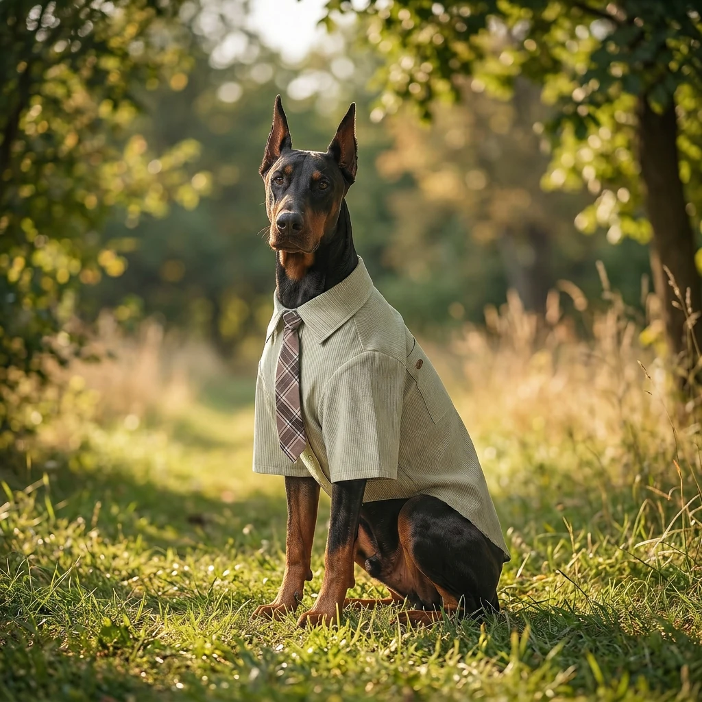 Doberman in NookPaws Deep Chest Striped Shirt, breathable cotton-linen fit, minimalist elegance in dappled sunlight, smart-casual layer for large-breed dogs