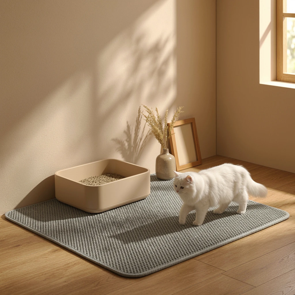 Soft gray double-layer litter mat with textured surface traps stray litter, placed beside a beige litter box in a sunlit minimalist corner with warm wood floors and calm, wabi-sabi styling.