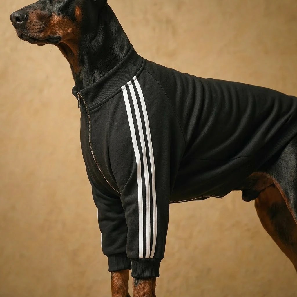 Doberman in NookPaws™ black zip-up hoodie with white side stripes, soft textured fabric, minimalist design, neutral backdrop, calm functional layer for deep-chested breeds