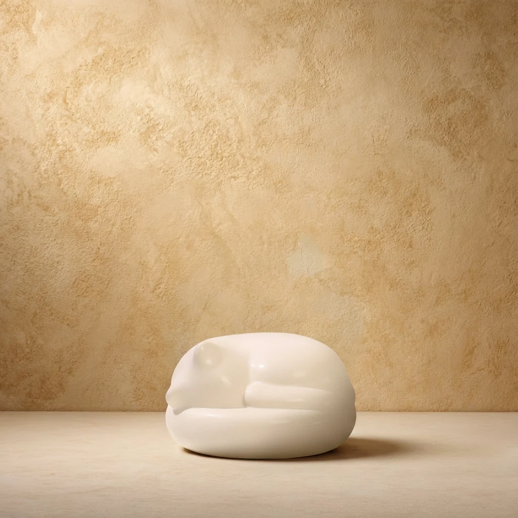 White ceramic cat-shaped pet memorial urn in serene slumber pose, resting on light wood surface against a textured beige wall, embodying minimalist interior elegance and harmonious pet living.