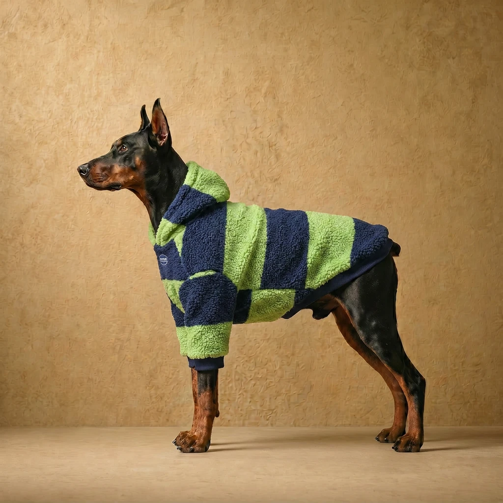 Doberman in a high-pile sherpa hoodie with bold green and navy stripes, designed for deep chests and athletic builds, offering warm, unrestricted coverage.