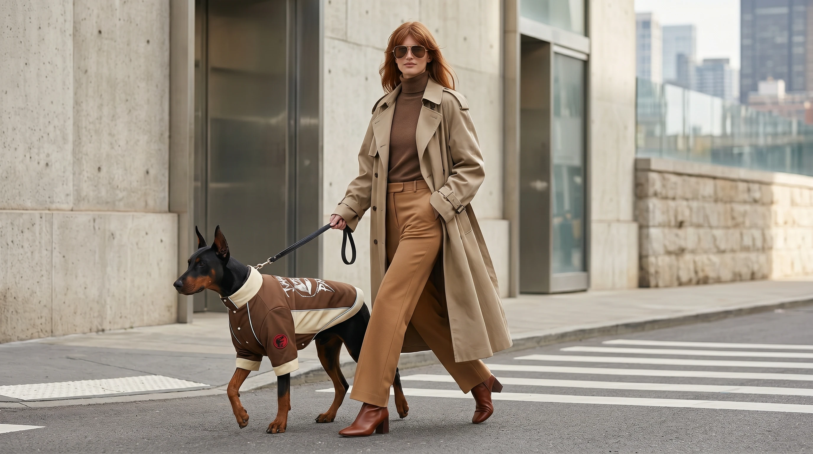 Doberman in NookPaws winter coat walks beside owner on city street,Minimalist brown and cream design with structured fit, weather-resistant fabric, soft city light, calm urban stride.