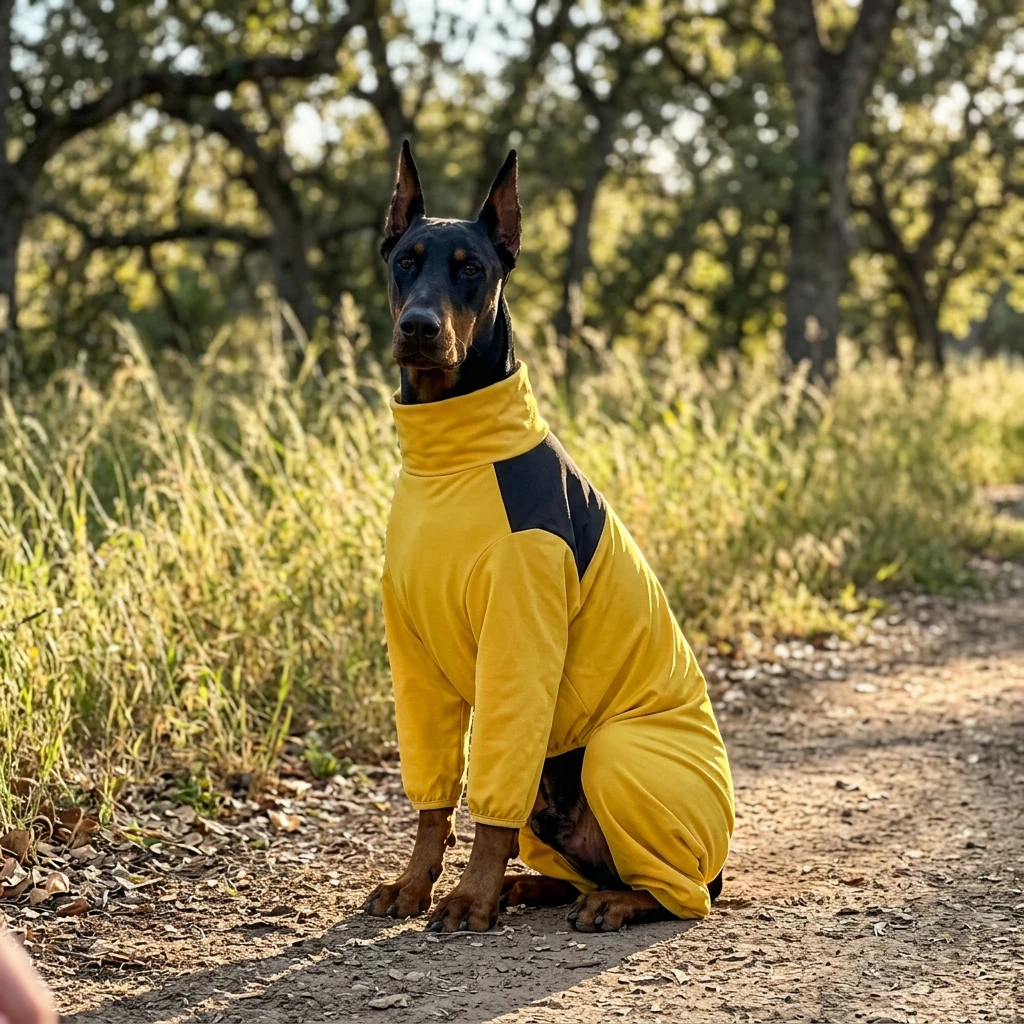Doberman in a bright yellow full-coverage rain layer with black shoulder panel, sitting alert on a sunlit trail; rainproof dog coats designed for deep-chested breeds.