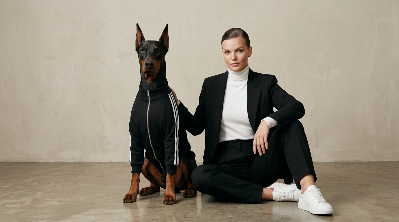 Doberman in minimalist black zip-up hoodie with white side stripes, sitting beside woman in monochrome outfit, soft studio lighting, Wabi-sabi aesthetic, functional large-breed apparel