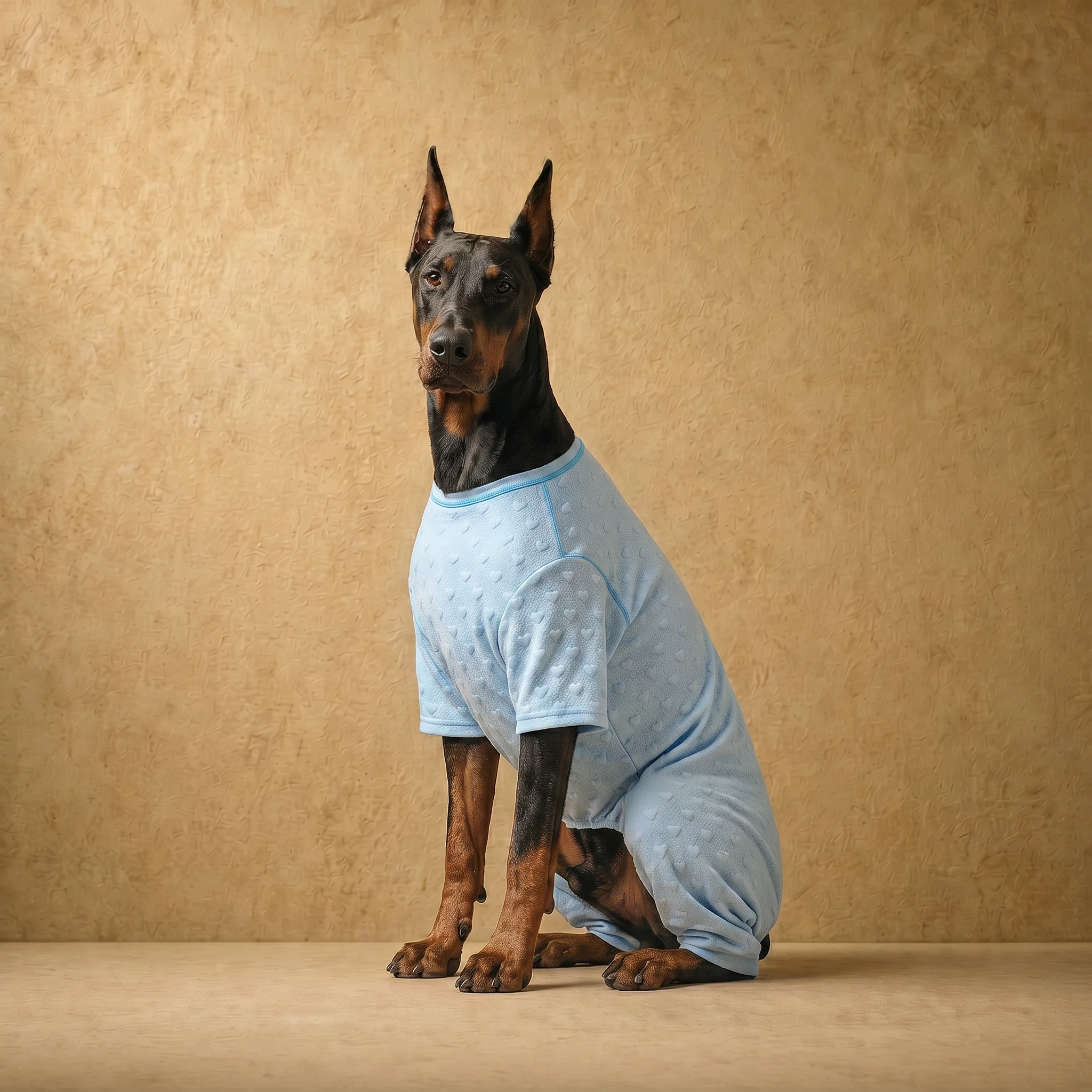 Doberman wearing a soft baby blue fleece-lined recovery suit with subtle heart texture, designed for deep-chested breeds, offering gentle warmth and comfort in a clean, minimalist fit.