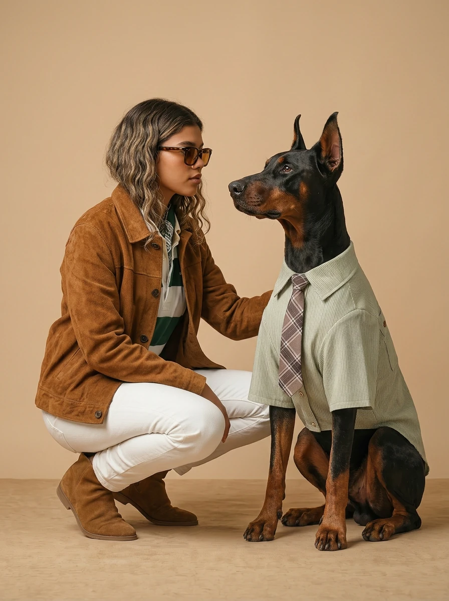 NookPaws™ Deep Chest Striped Shirt on Doberman — breathable cotton-linen, minimalist smart-casual fit with subtle stripe texture, paired with plaid tie, warm studio lighting, calm interaction in Earth-toned setting.