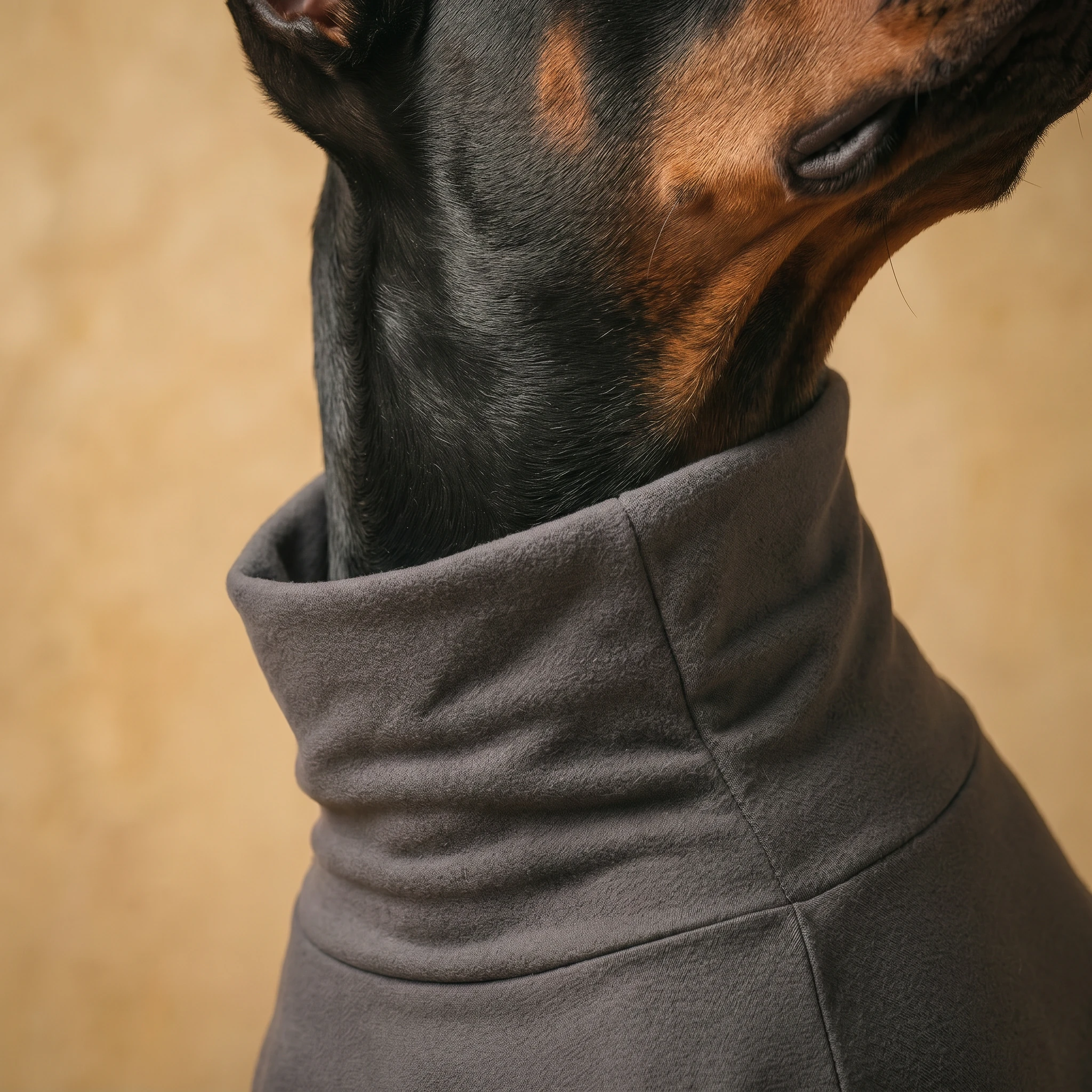 Doberman wearing a soft, high-stretch recovery suit with a ribbed turtleneck, showcasing minimalist dog apparel designed for deep-chested breeds in warm, natural lighting.