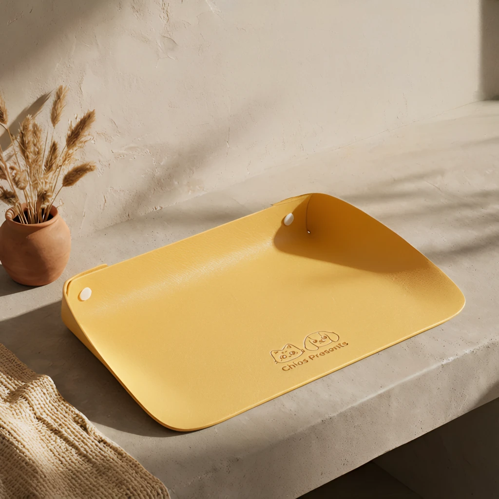 Lemon yellow semi-enclosed leather pet feeding mat with subtle texture, resting on a concrete surface beside dried grass in a terracotta vase, embodying harmonious pet living in a minimalist interior.