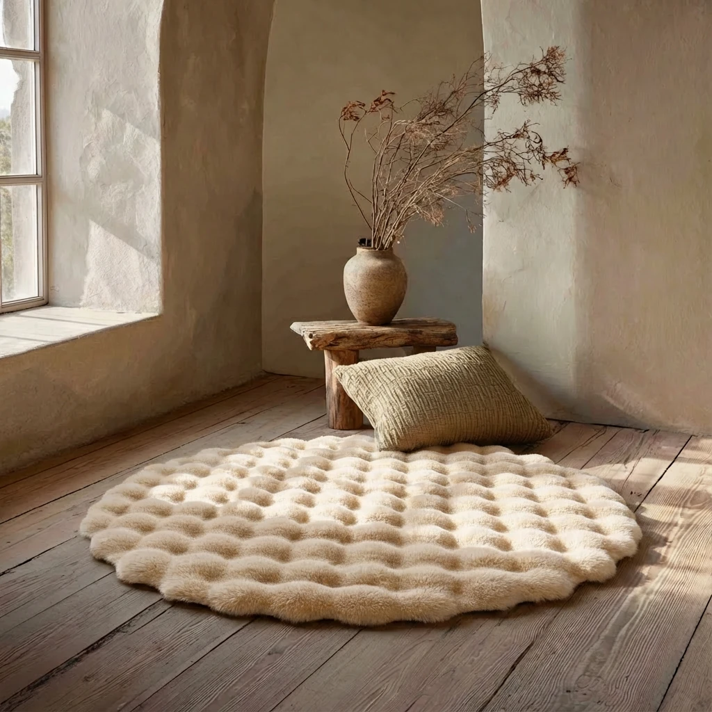 Circular plush rug with cloud-soft bubble texture in sand khaki, nestled on rustic wood floors beside a wooden stool and woven pillow, bathed in soft natural light — harmonious pet living.