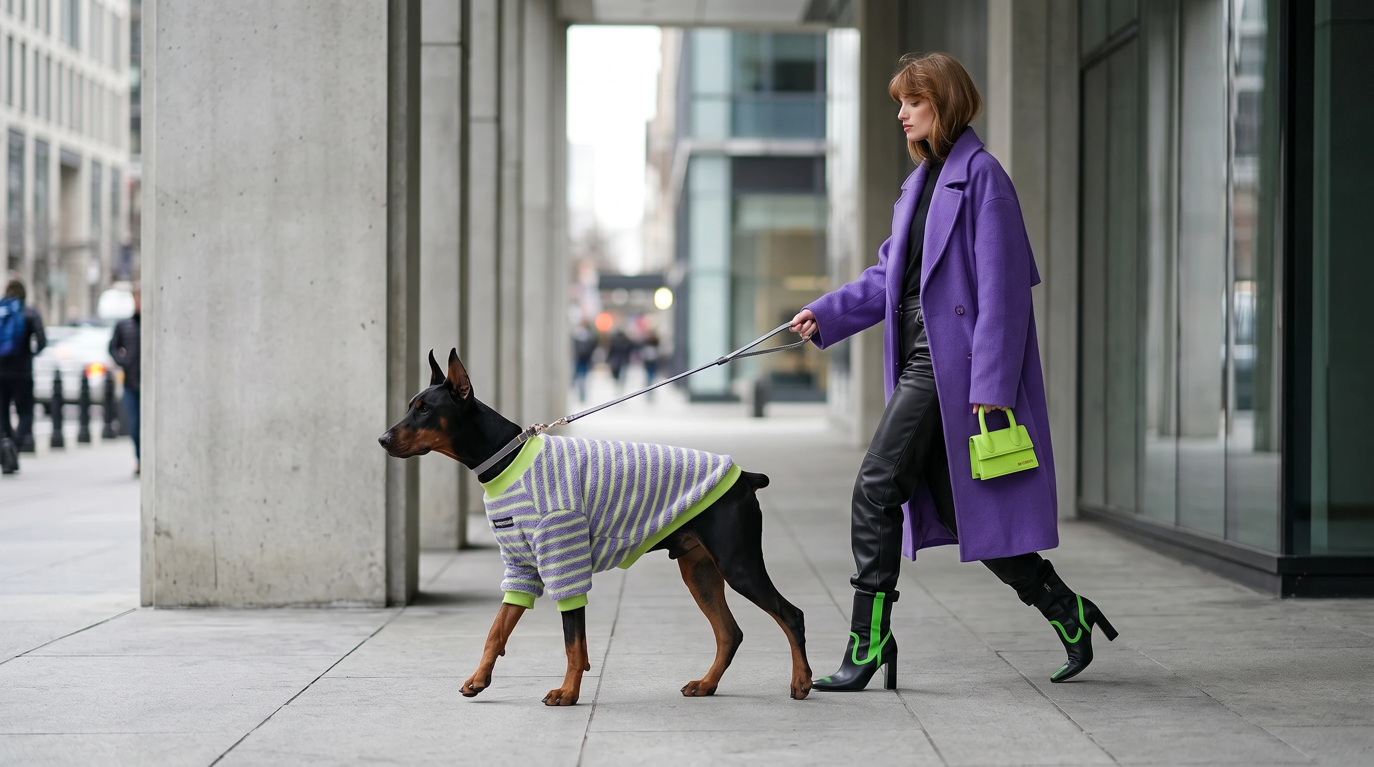 Doberman in purple and lime striped fleece pullover, walking city streets with owner in matching purple coat, showcasing minimalist dog apparel for deep-chested breeds.