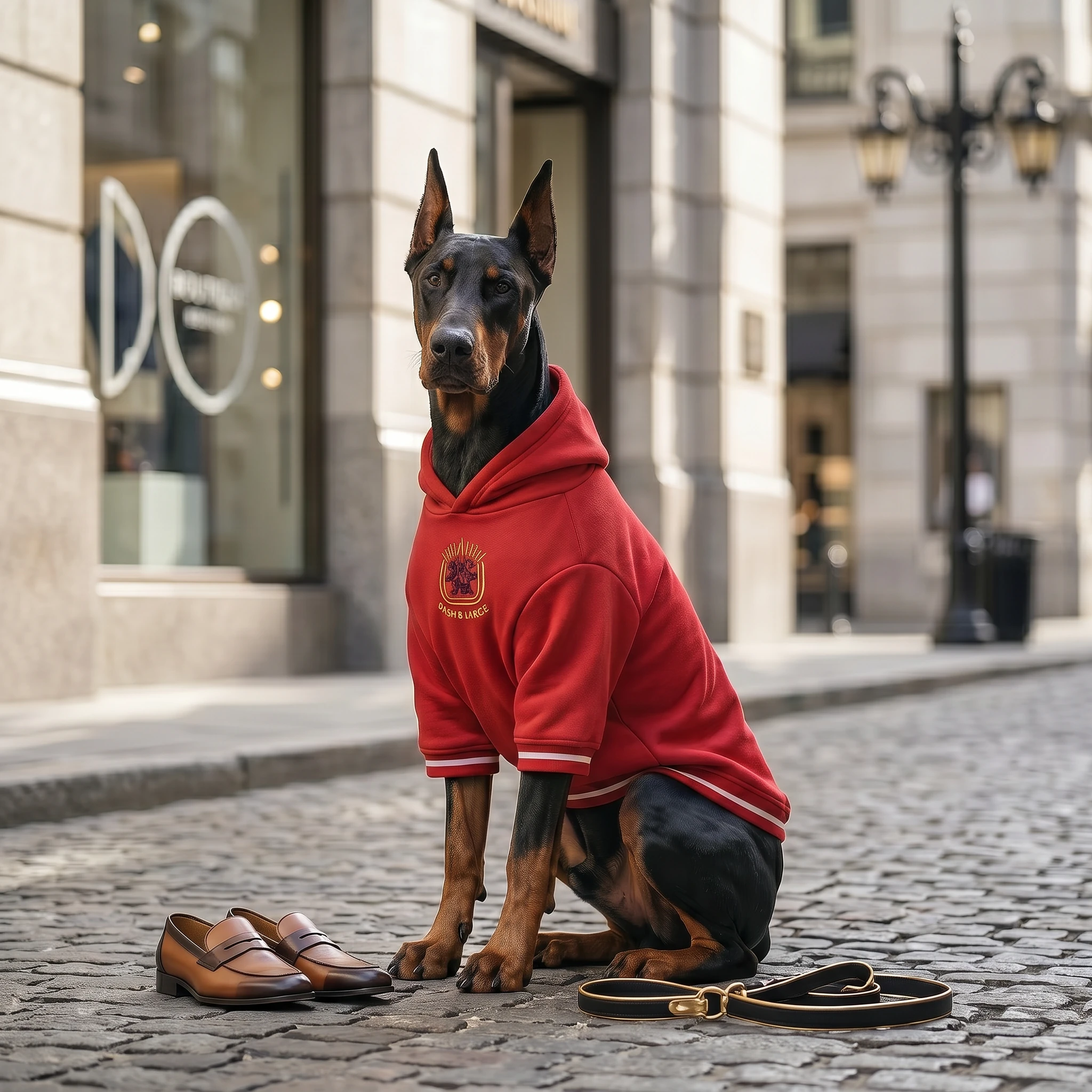 Doberman in NookPaws Heritage Red Deep-Chest Hoodie, showcasing heavyweight fleece texture and minimal design on cobblestone street, calm urban scene with warm lighting and leather accessories.