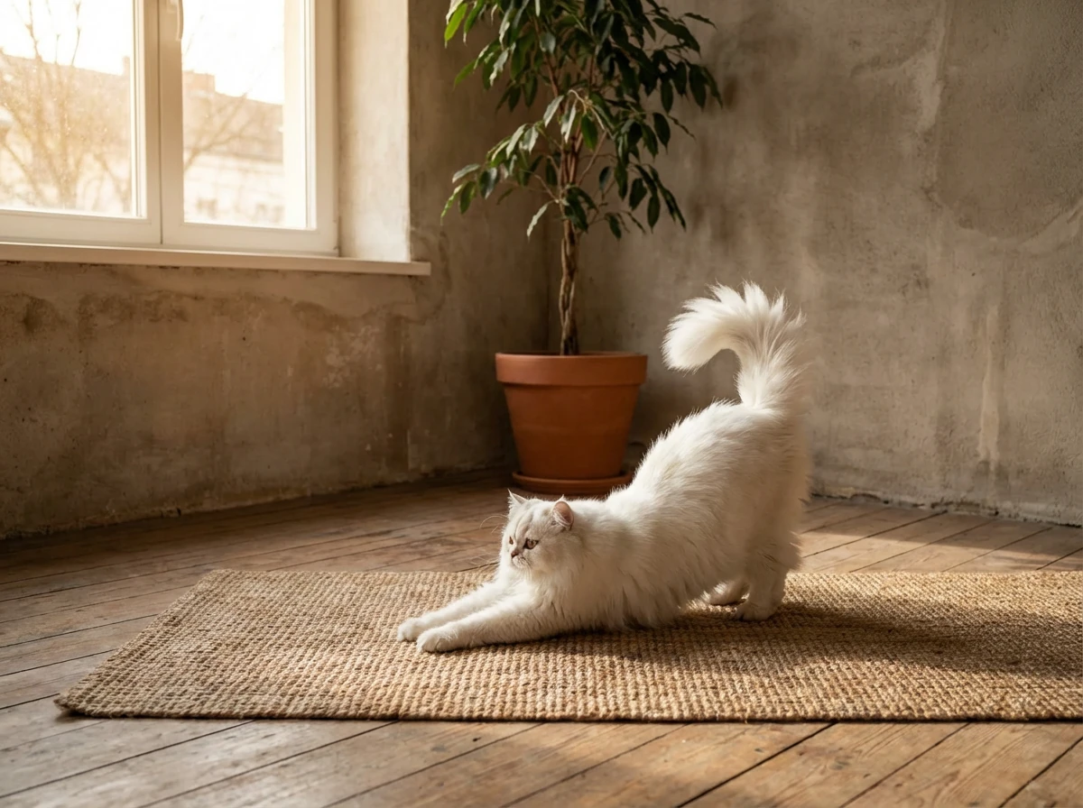Fluffy white cat stretching on a natural jute rug in a sunlit room with textured concrete walls and a potted plant, embodying harmonious pet living.