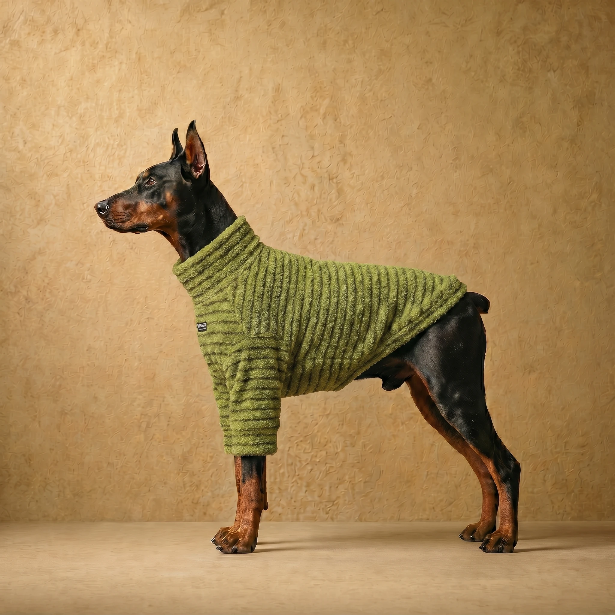 Doberman in a ribbed olive green fleece sweater with high neck, showcasing a close athletic fit for deep-chested breeds; textured fabric provides core warmth in a minimalist, practical design.