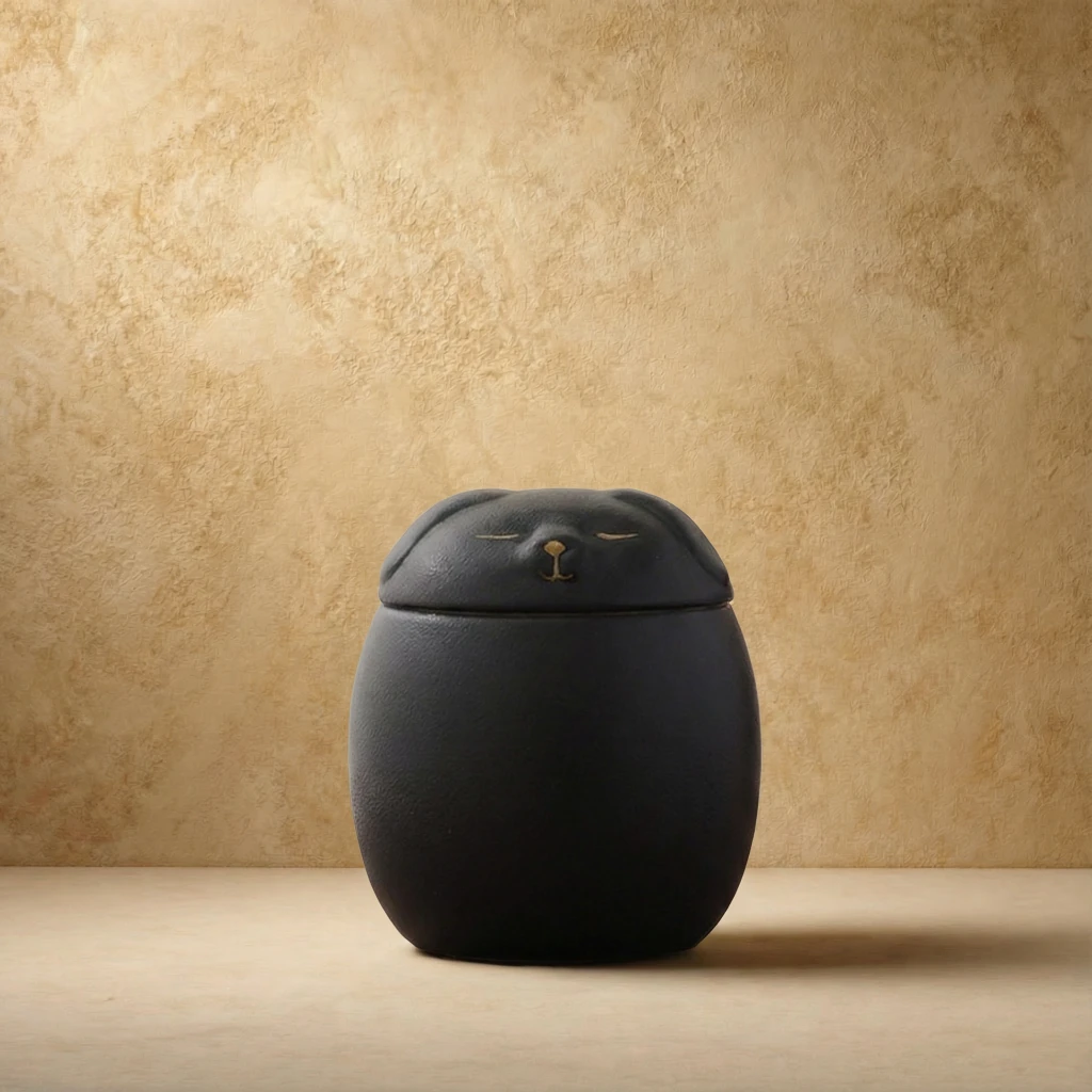 Matte black ceramic pet memorial jar with serene dog silhouette lid, minimalist design, wabi-sabi aesthetic, harmonious pet living, soft golden accents on textured surface