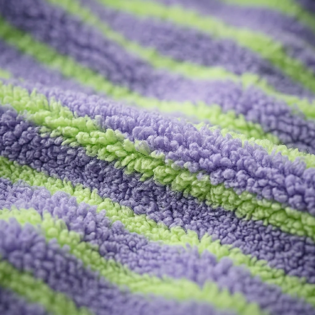 Soft high-density polar fleece in lavender and lime stripes, designed for deep-chested dogs — minimalist warmth without bulk.