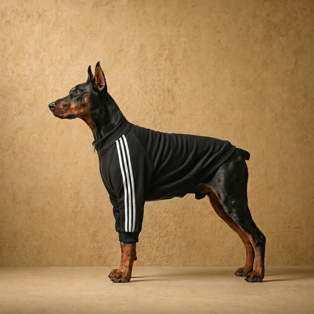 Doberman in a sleek black zip-up hoodie with white side stripes, designed for a close athletic fit and full range of motion, showcasing clothes that fit dobermans.