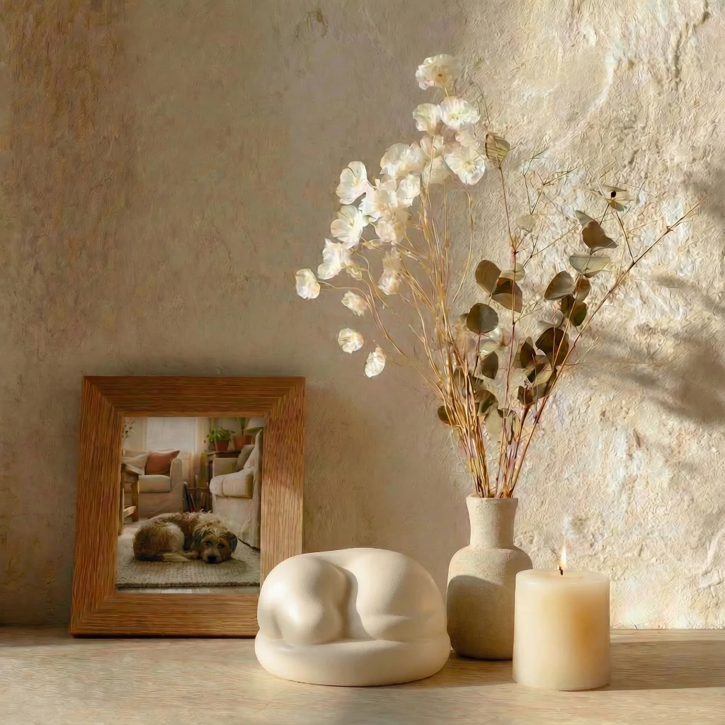 Cream ceramic pet memorial urn shaped like a sleeping dog, beside a wooden frame with a pet photo, dried flowers, and a lit candle on a wooden surface against a textured wall, embodying harmonious pet living.
