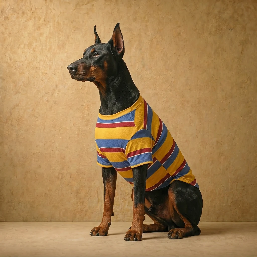 Doberman in NookPaws™ Deep-Chest Striped Layer, a soft cotton-blend sweatshirt with warm-toned stripes, designed for deep-chested breeds, shown in minimalist studio lighting.