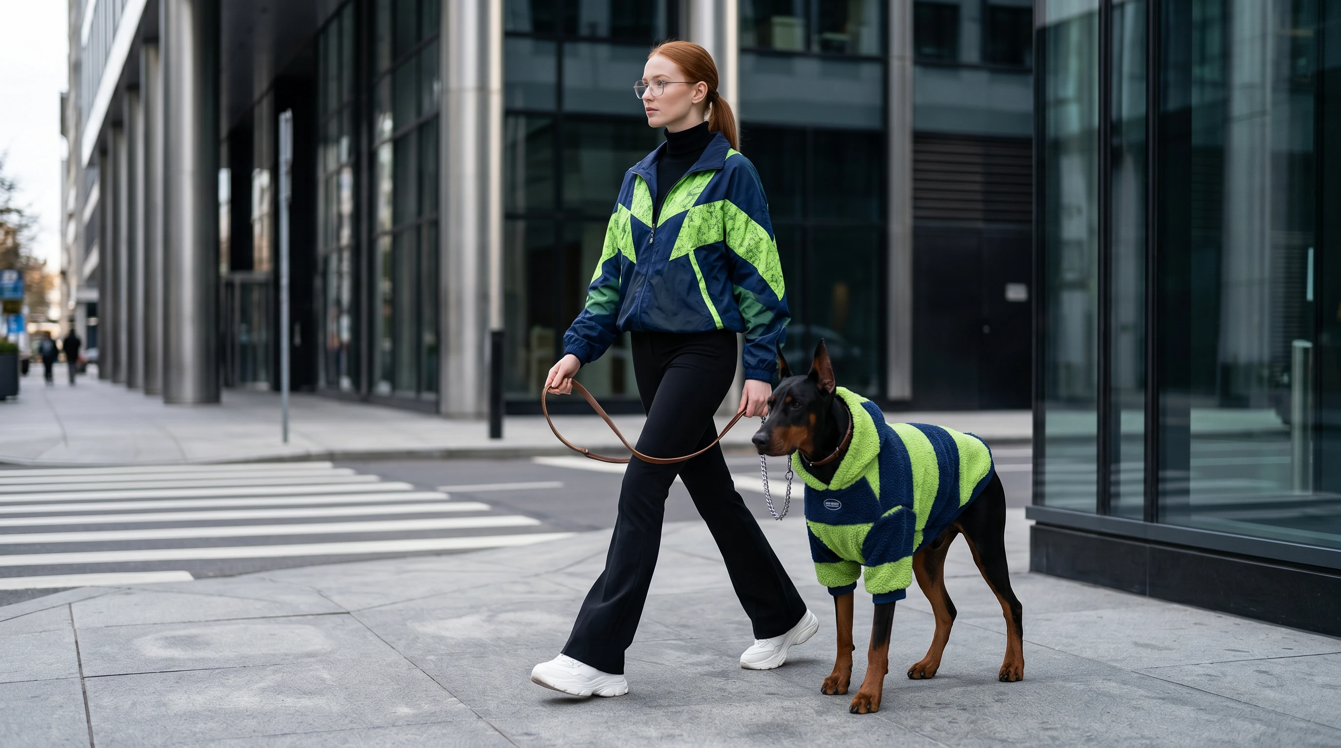 Doberman in NookPaws™ mesh athletic layer, navy and lime green geometric pattern, breathable fabric, urban walk, minimalist design for deep-chested dogs