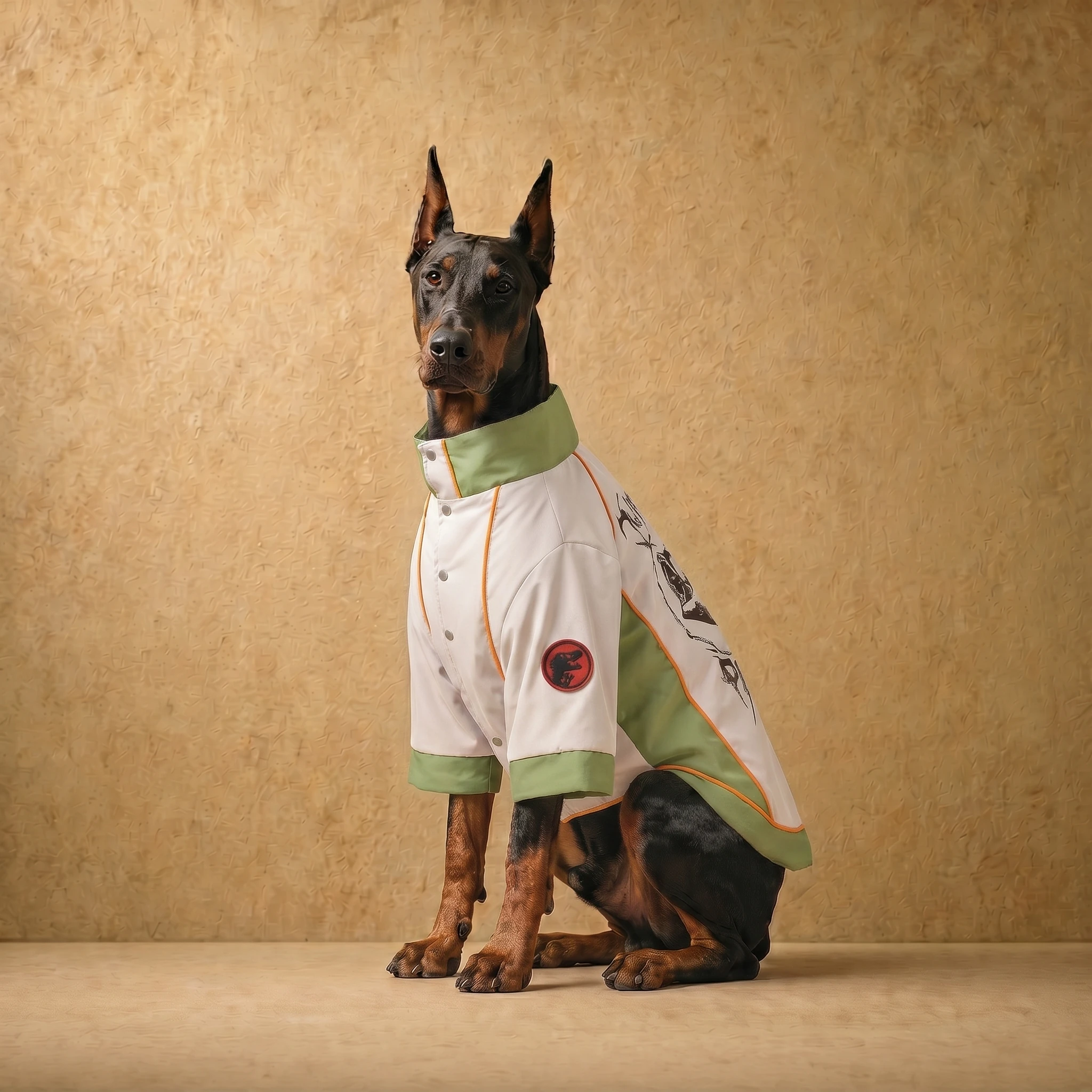 Doberman wearing a cream and deep olive winter coat with structured collar and orange trim, designed for deep-chested dogs, featuring a clean, athletic fit and subtle branding on the sleeve.