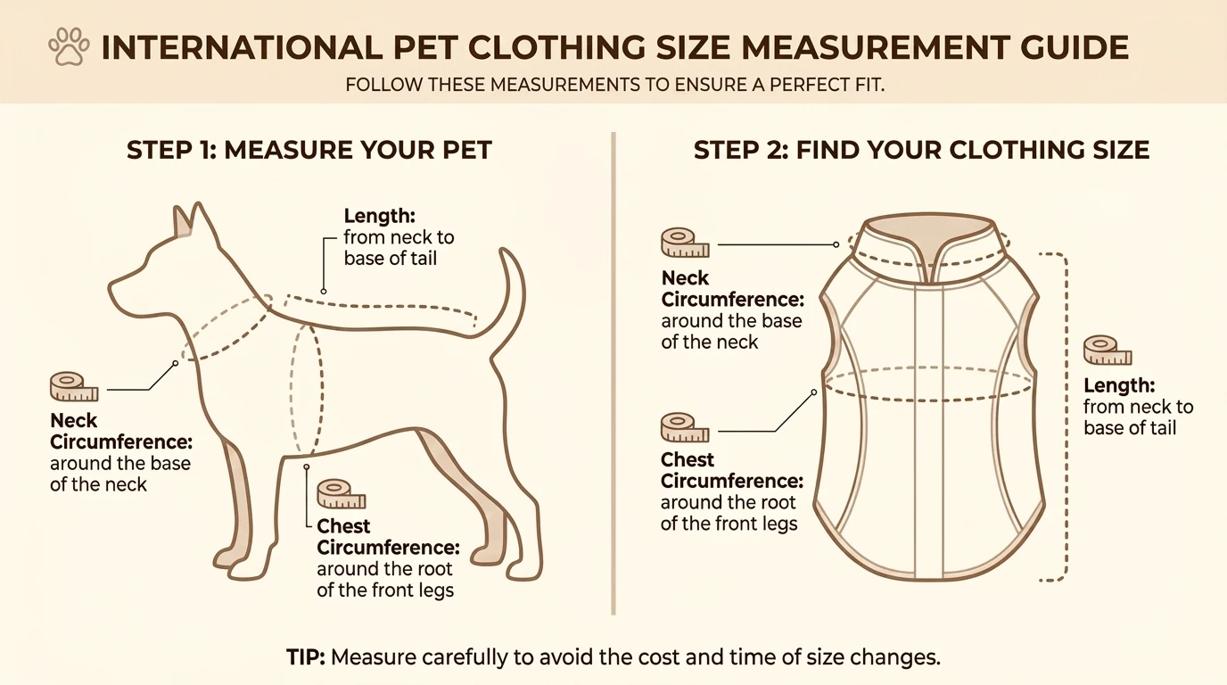 Dog sweater sizing diagram showing back length, neck girth, and chest girth measurement points.