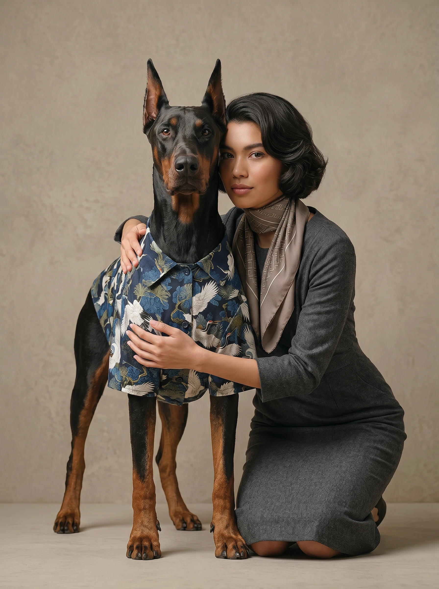 Doberman in a lightweight, breathable shirt with floral crane pattern, showcasing deep-chested fit and athletic cut, alongside a woman in muted tones under soft, natural lighting.