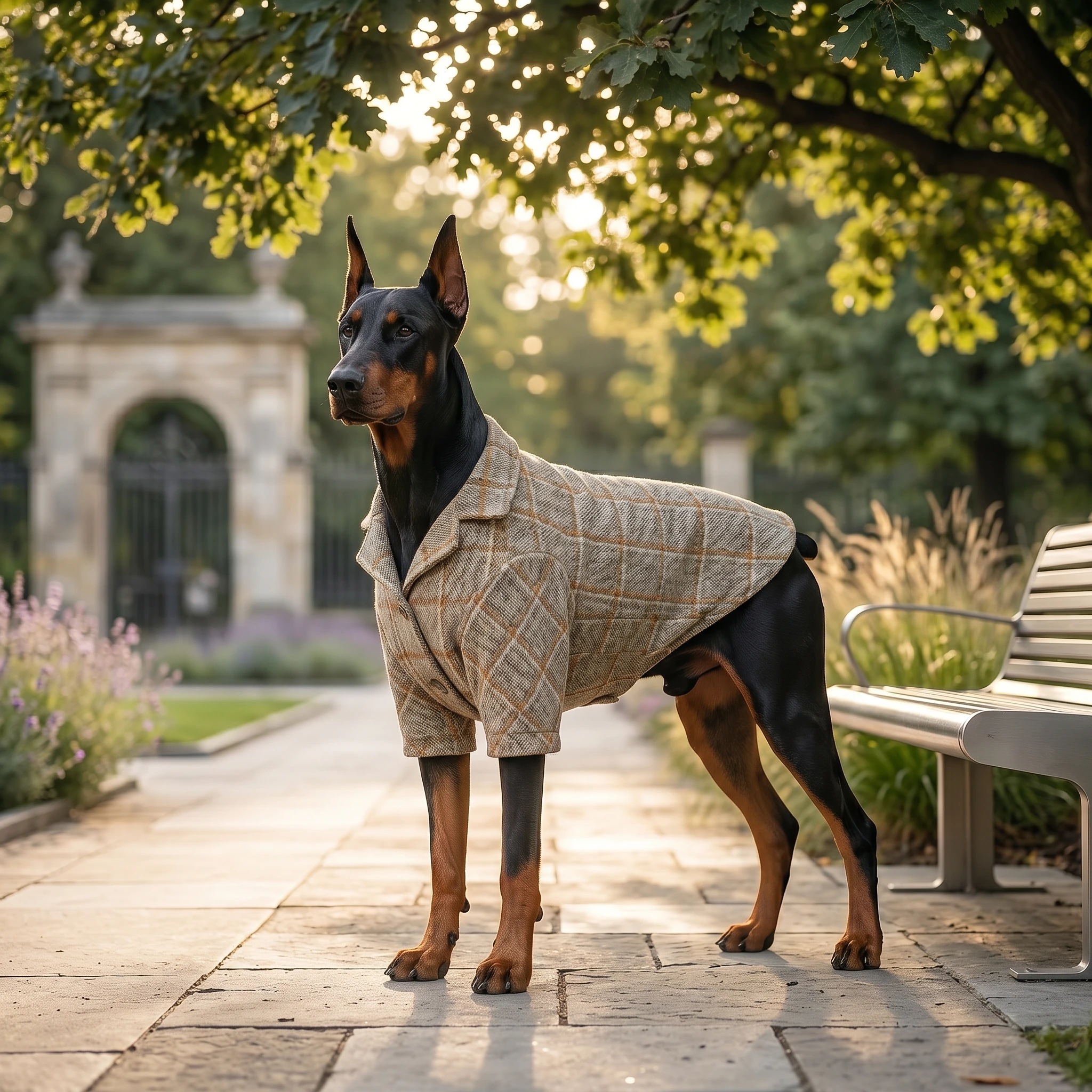 Doberman in NookPaws™ tailored wool-blend blazer, standing poised on stone path under dappled sunlight, showcasing deep-chested fit with natural fabric texture and minimalist elegance.