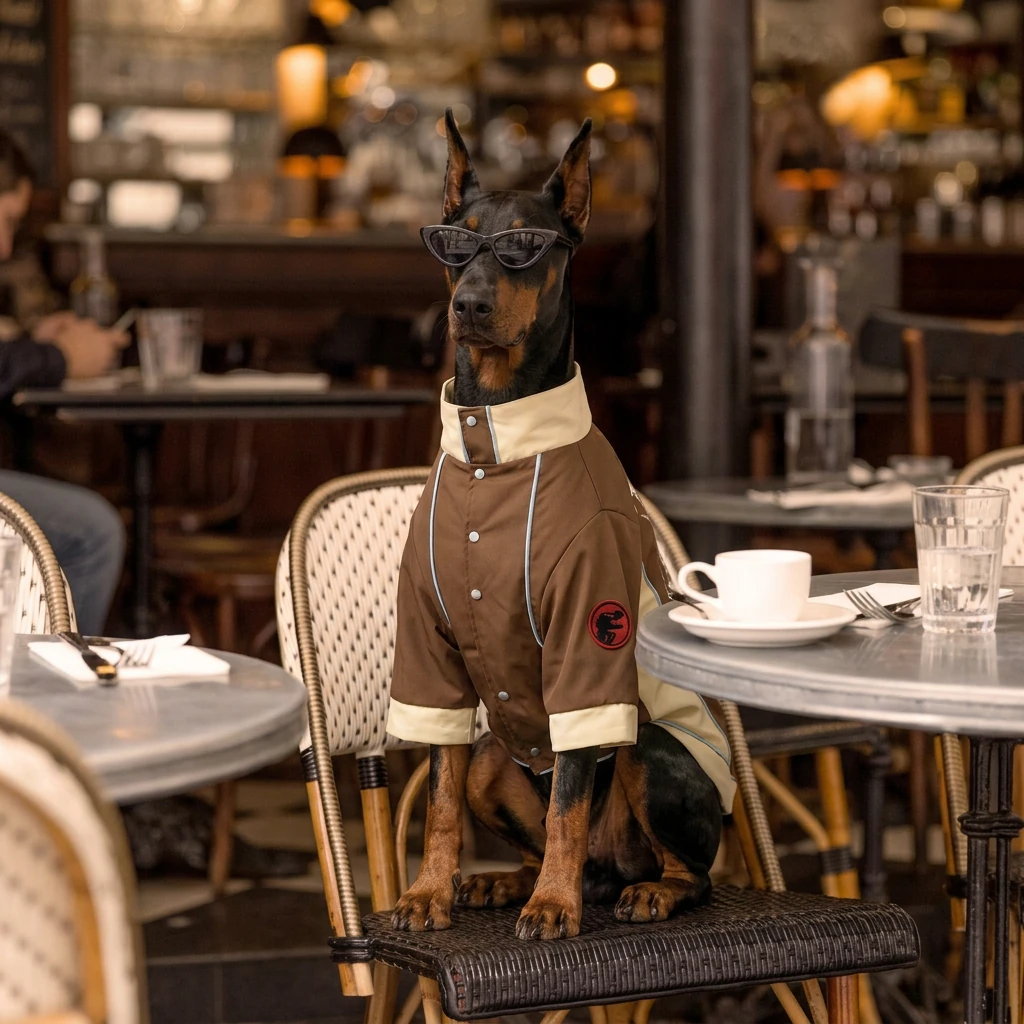 Doberman in NookPaws™ Winter Coat, seated at café table, minimalist brown and cream coat with subtle sheen, warm ambient lighting, calm urban elegance.