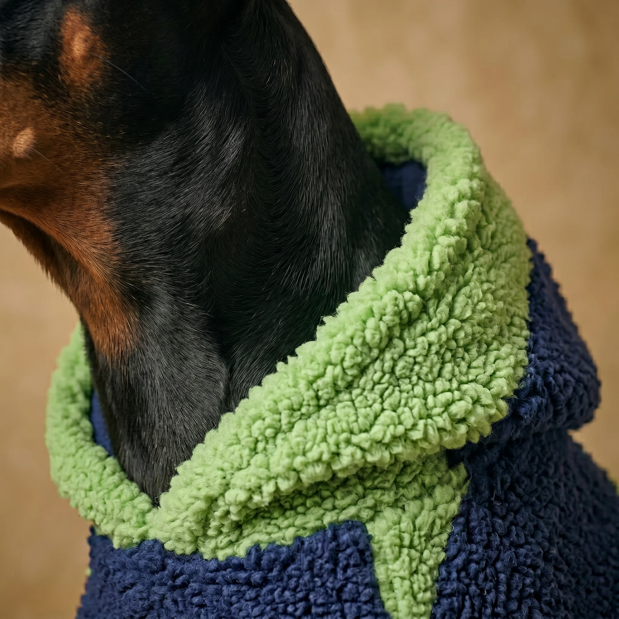 Doberman wearing NookPaws™ mesh athletic layer, showcasing breathable green and navy fabric texture with soft, cloud-like fleece lining for deep-chested breeds in warm weather.