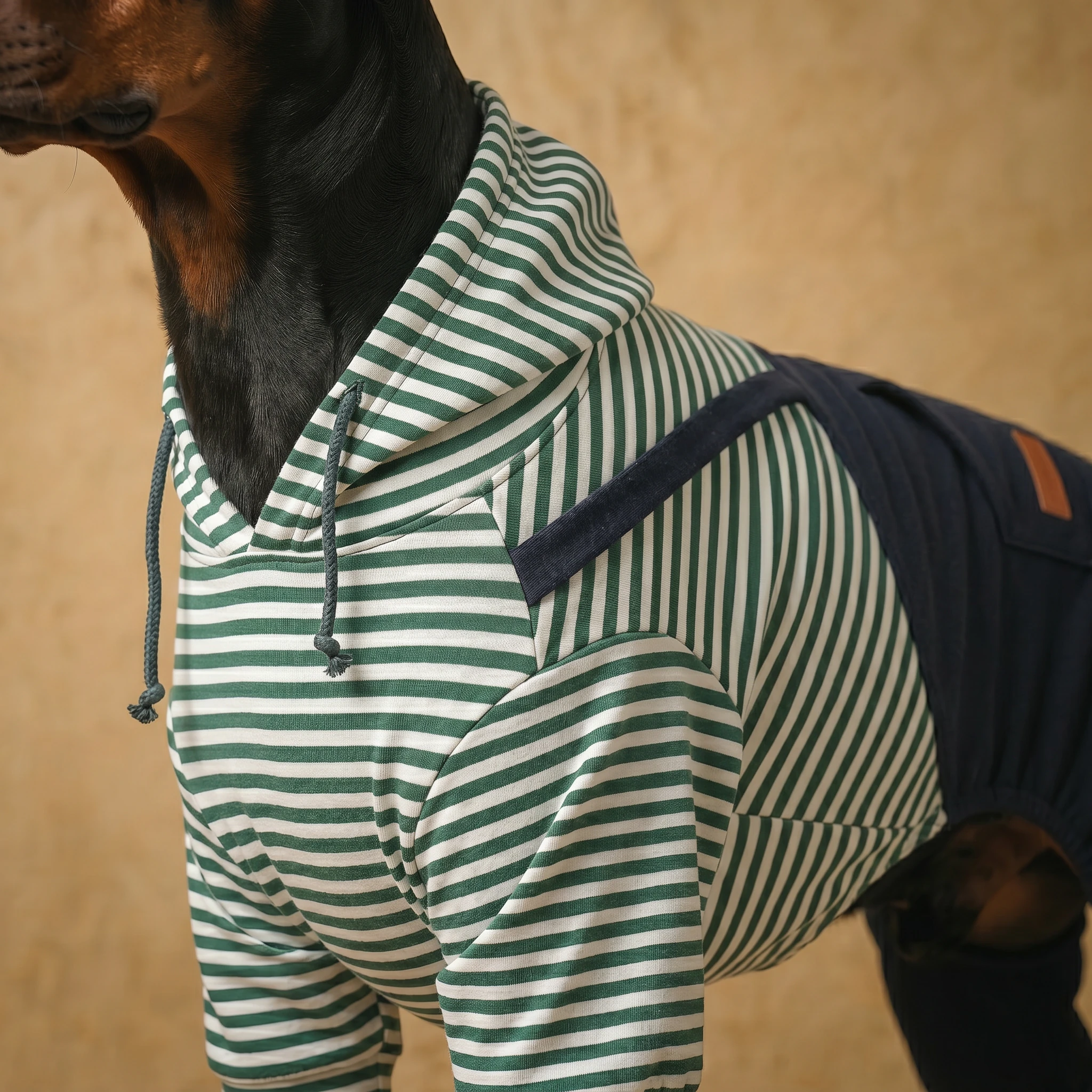 Doberman in green-white striped full-coverage layer with fleece lining, designed for deep-chested breeds, warm and functional for cold weather walks.