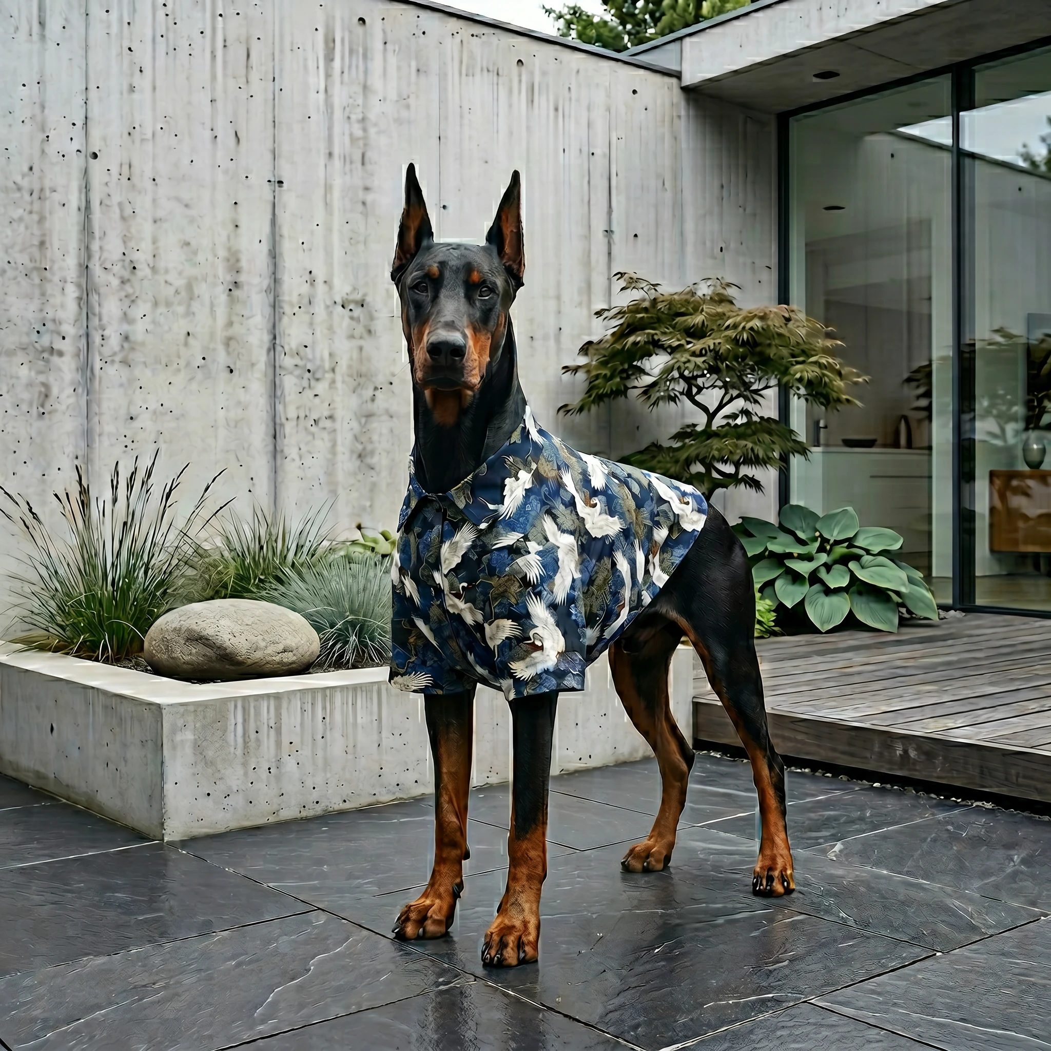 Doberman wearing NookPaws™ Lightweight Shirt with crane print, standing on slate tiles beside concrete garden and minimalist home, breathable fabric for deep-chested dogs, calm and composed