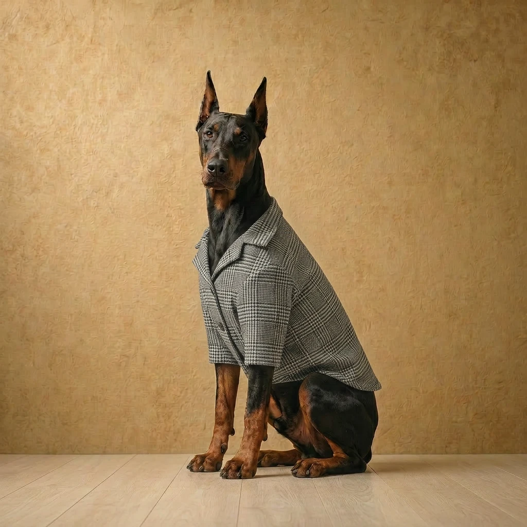 Doberman in a tailored charcoal plaid wool-blend blazer, structured to fit deep chests, with clean lines and a refined, minimalist look.