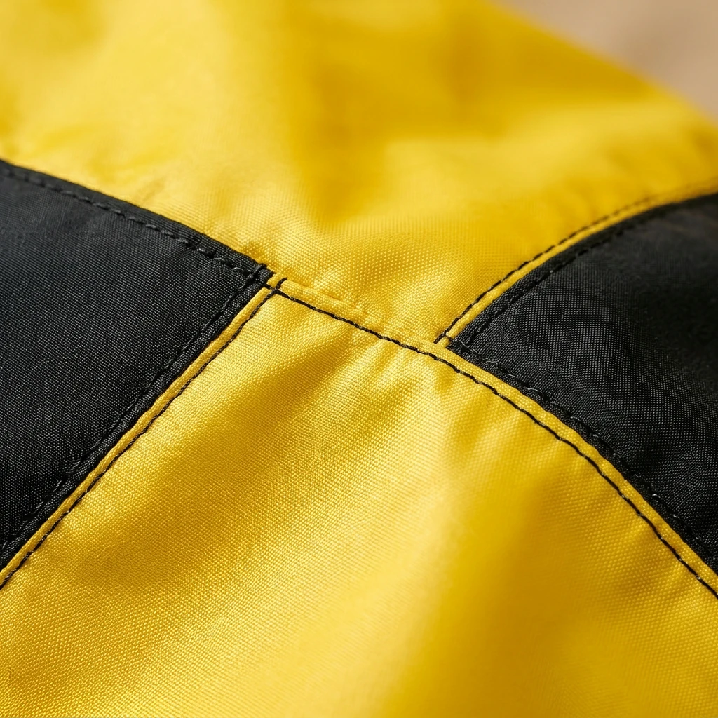 Vibrant yellow waterproof fabric with precise black stitching and reinforced panels, showcasing minimalist craftsmanship for Doberman rain layer durability and fit.