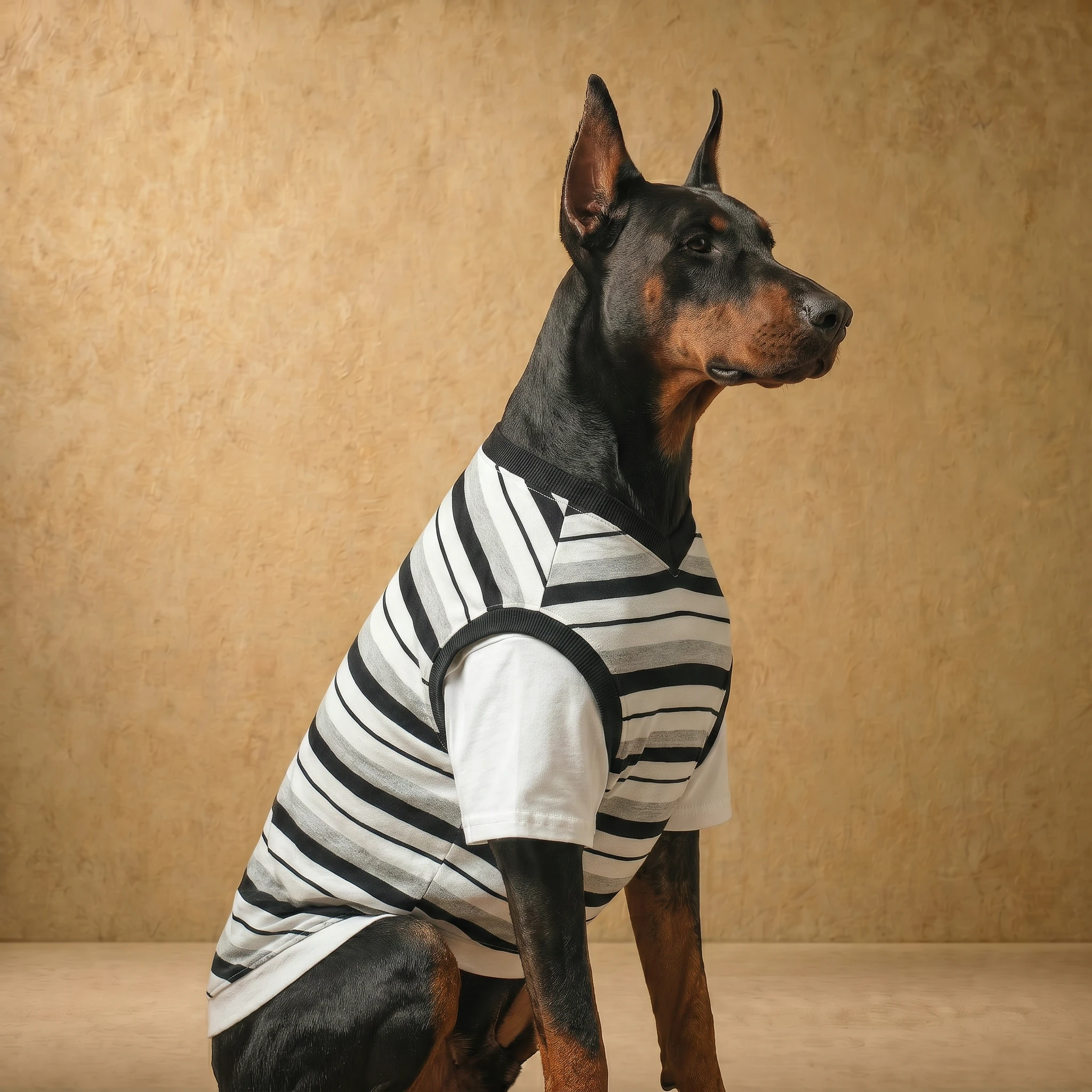 Doberman in minimalist striped shirt, breathable fabric fits deep chest, calm neutral tones, textured backdrop, soft studio lighting, functional everyday layer for large breeds