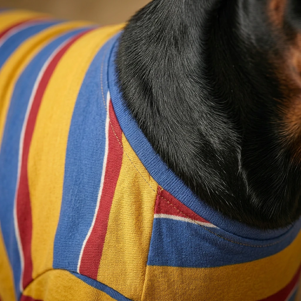 NookPaws™ Deep-Chest Striped Layer in soft cotton blend, with clean fit for Dobermans—vibrant yellow, blue, and red stripes against sleek black fur, natural lighting, minimalist design.