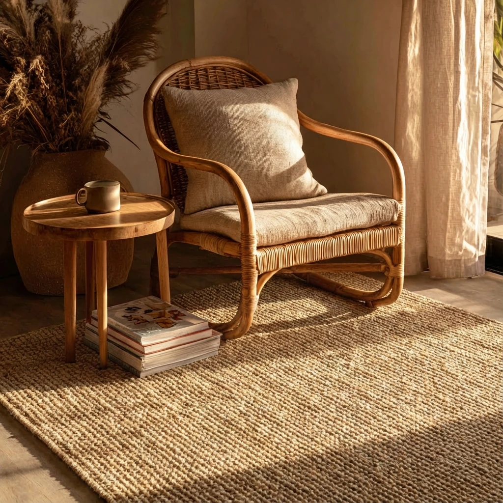 Warm, textured sisal-style rug in natural beige anchors a minimalist corner with a woven rattan chair, wooden side table, and dried pampas grass, embodying harmonious pet living.