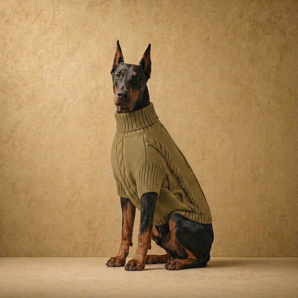 Doberman in a khaki cable-knit sweater with a high turtleneck and deep-chested fit, showcasing a clean, athletic silhouette in a neutral studio setting.