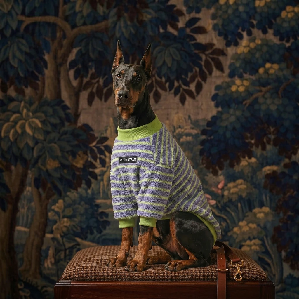 Doberman in NookPaws™ Deep Chest Fleece Sweater, purple and lime green stripes, soft high-density polar fleece, crisp lighting against tapestry backdrop, minimalist fit for large breeds.