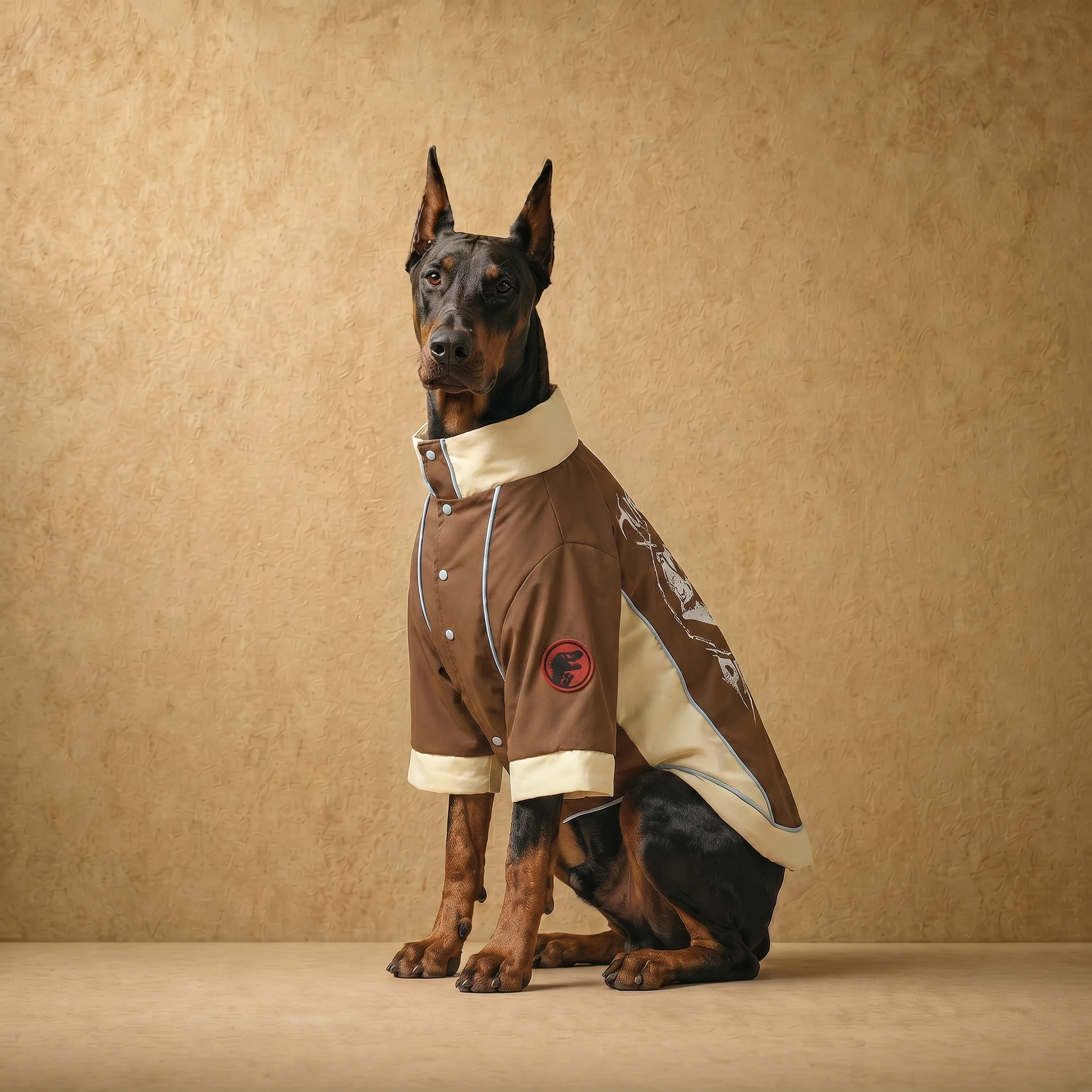 Doberman in a minimalist brown and cream winter coat with structured fit, white piping, and red logo patch, designed for deep-chested dogs. Clothes that fit dobermans with clean, practical style.