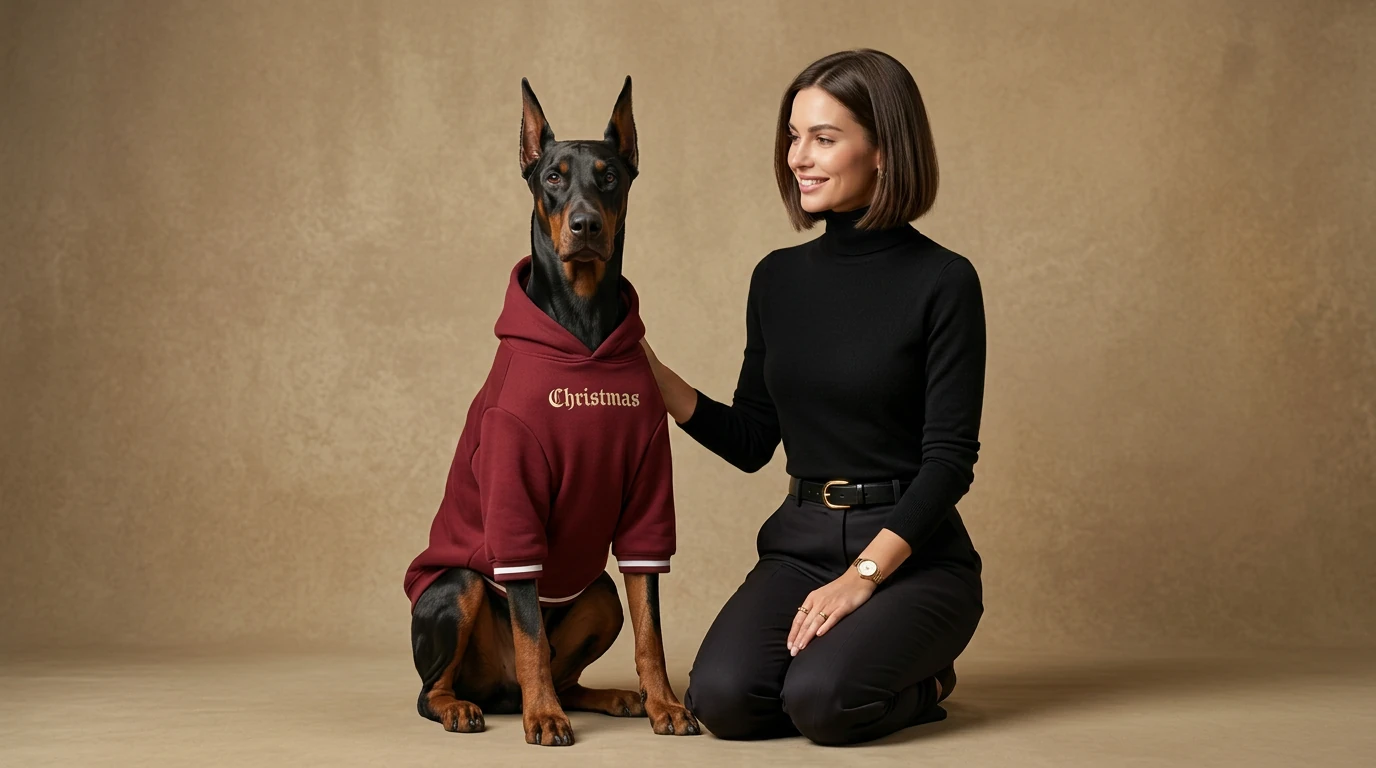 Doberman in maroon fleece hoodie with "Christmas" script, soft light highlighting texture; minimalist fit for deep-chested breeds.
