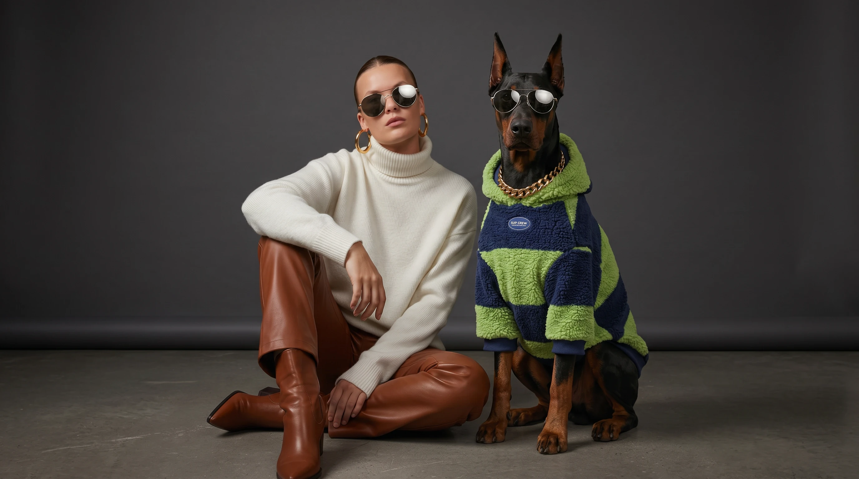 Doberman in vibrant green and navy striped sherpa hoodie, wearing gold chain and aviators, beside a woman in minimalist white turtleneck, both posed against dark gray studio backdrop.