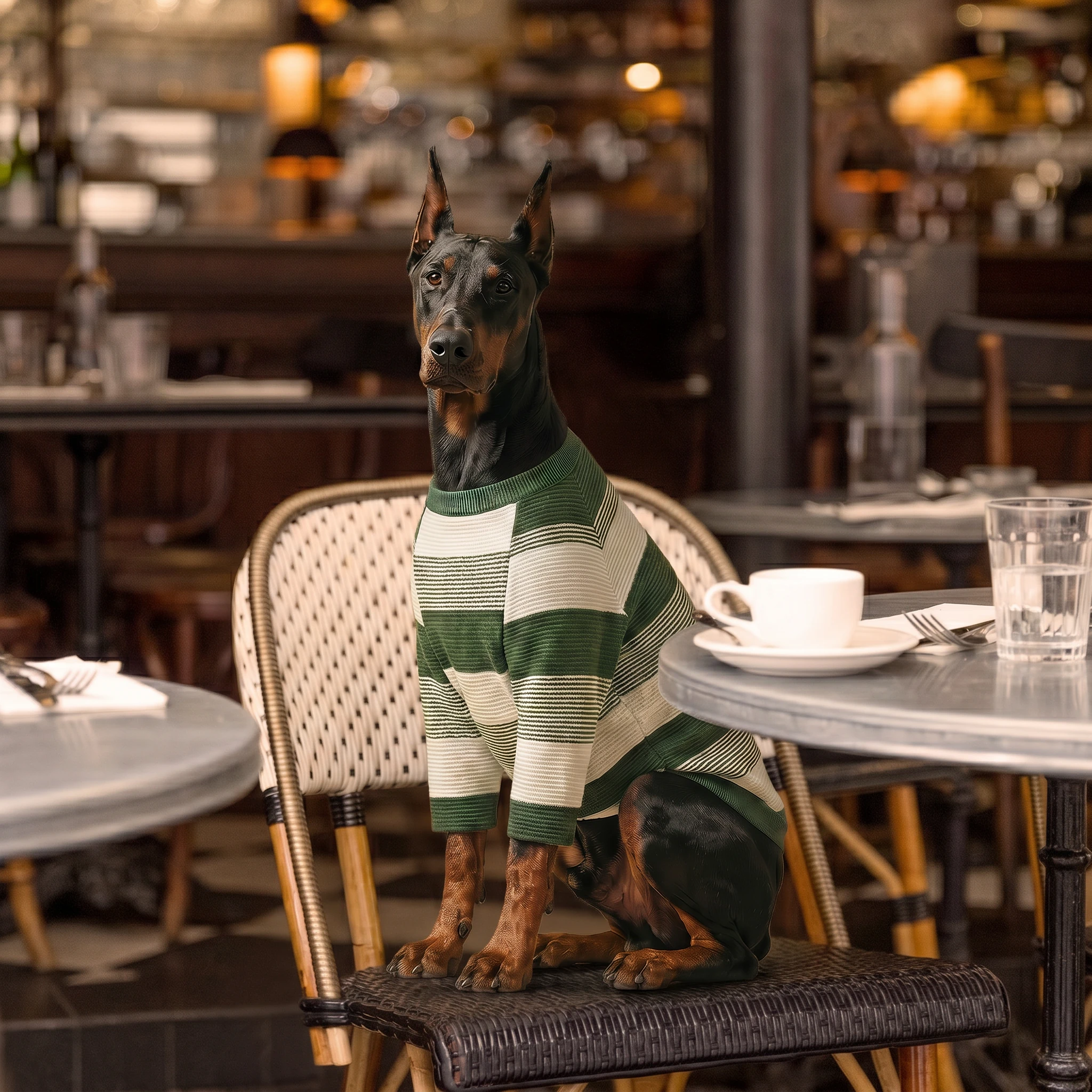 Doberman wearing NookPaws striped knit sweater, seated at café table, green and cream waffle-knit fabric, minimalist design, calm lighting, deep-chested fit