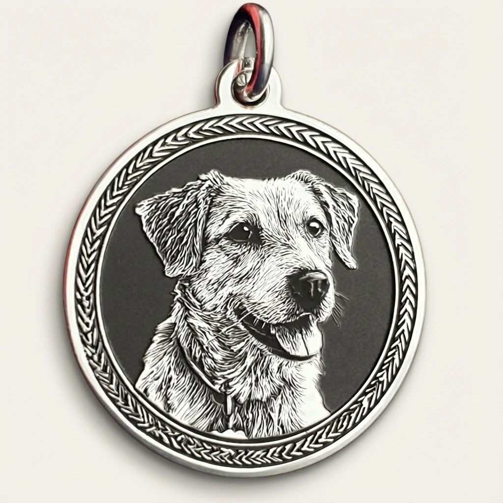 Hand-finished silver pendant featuring a detailed dog portrait in minimalist relief, framed by a woven border, crafted for harmonious pet living.