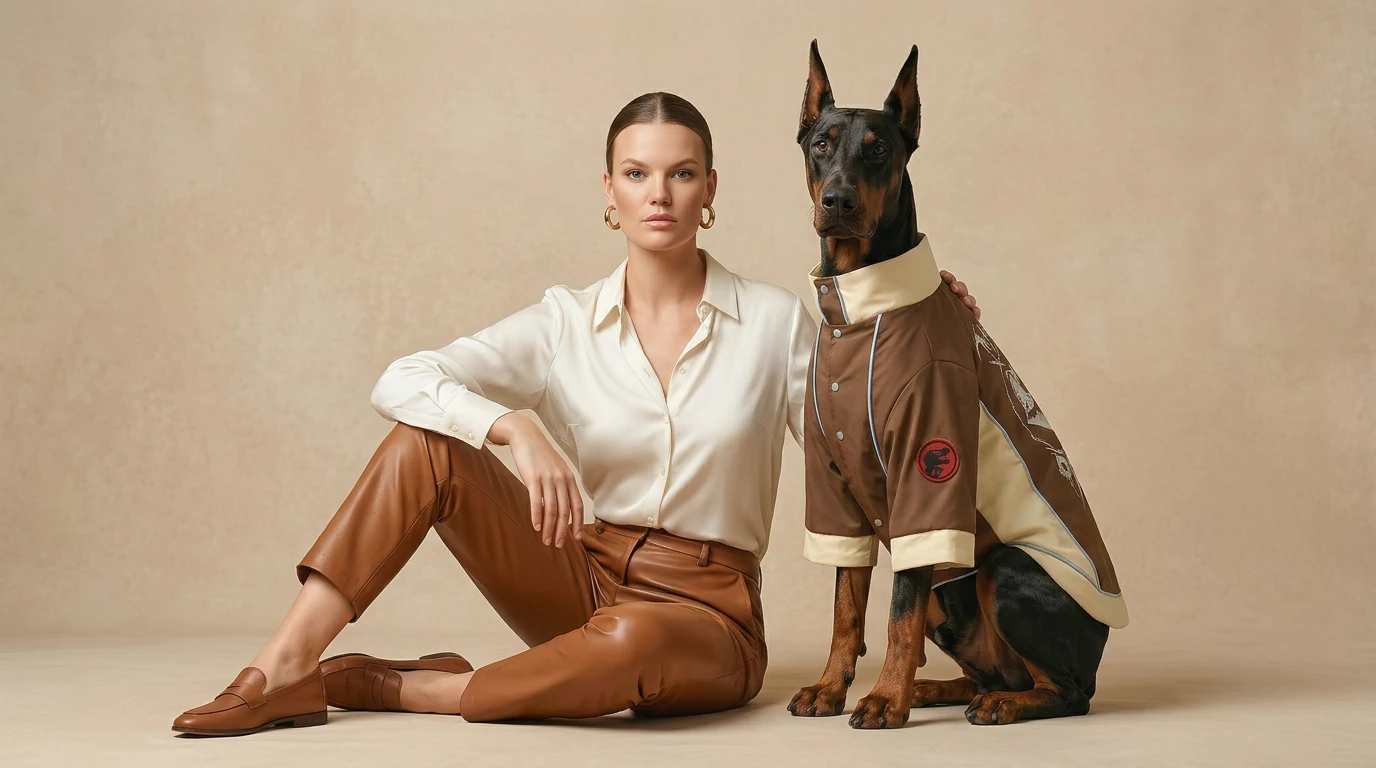 Doberman in NookPaws™ winter coat — minimalist, weather-resistant layering for deep-chested dogs, smooth texture, warm neutral tones, calm companionship.